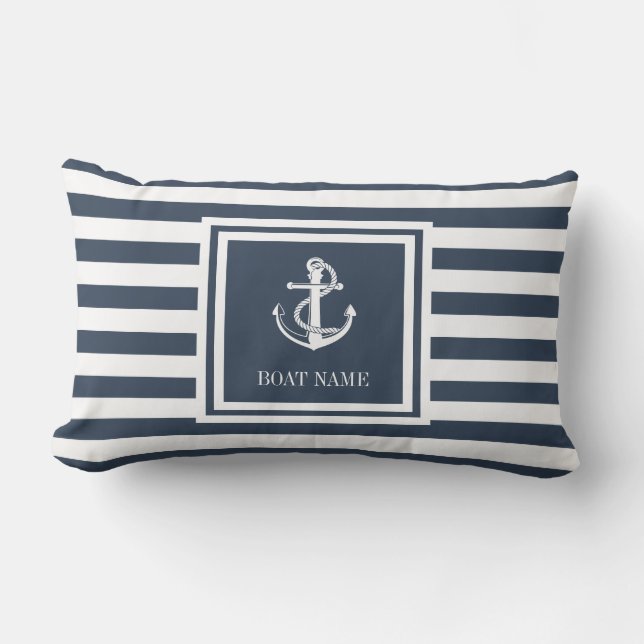 Coussin D'extérieur Nom du bateau Marine Bleu rayé Ancre nautique (Recto)