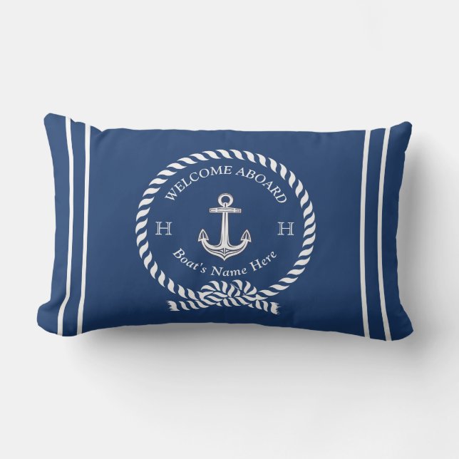 Coussin D'extérieur Nom du bateau nautique Ancre Corde Marine Blue Wel (Recto)