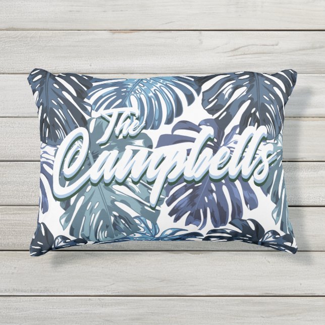 Coussin D'extérieur Nom tropical Blue White Monstera Feuille Motif (Devant)