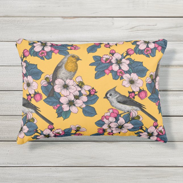 Coussin D'extérieur Oiseaux et fleurs sur le jaune (Devant)