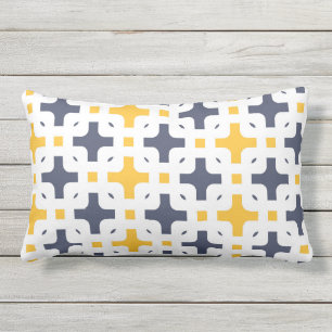 Coussin D'extérieur Ornement, bleu marine, blanc, jaune moutarde