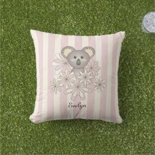 Coussin D'extérieur Ours en peluche bébé koala rayé rose pastel fille