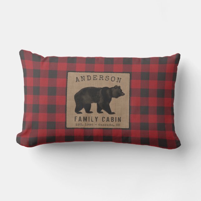 Coussin D'extérieur Ours Famille Cabine Rouge Buffalo Plaid Burlap Ext (Recto)