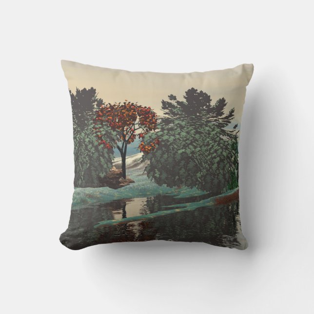 Coussin D'extérieur PAYSAGE ALIEN, ARBRES, HYPERION LAGON Sci Fi (Recto)