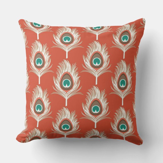 Coussin D'extérieur Peacock Feathers, Blanc sur Mandarin Orange (Recto)