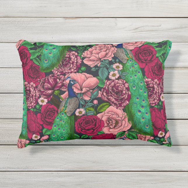 Coussin D'extérieur Peacocks dans le jardin rose 2 (Devant)