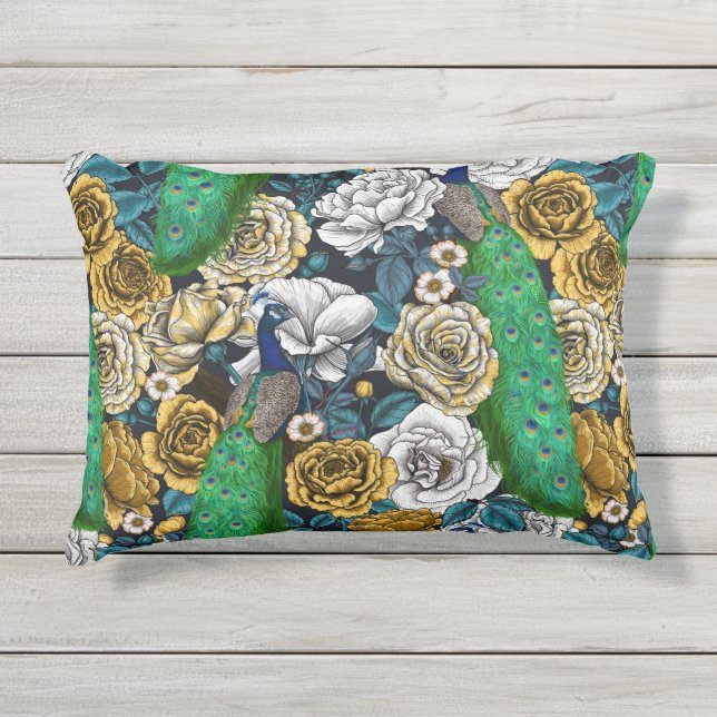 Coussin D'extérieur Peacocks dans le jardin rose 3 (Devant)