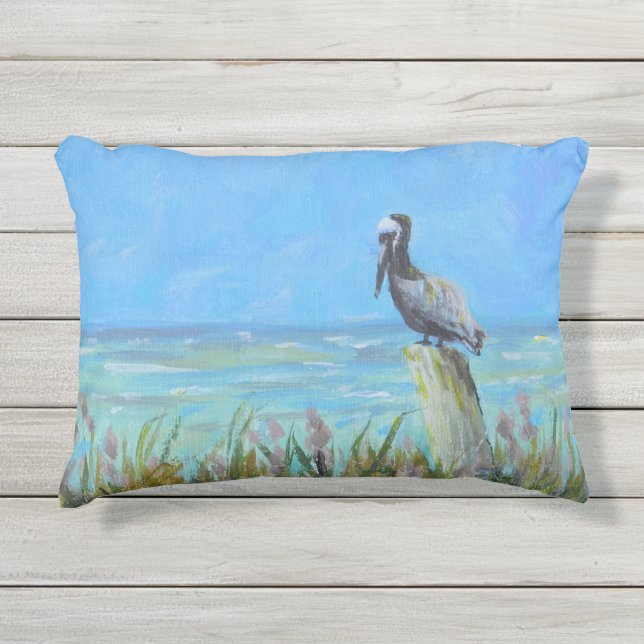 Coussin D'extérieur Pélican Brown sur un Piling Coastal Art (Devant)