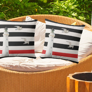 Coussin D'extérieur Phare noir blanc rouge rayures nautiques