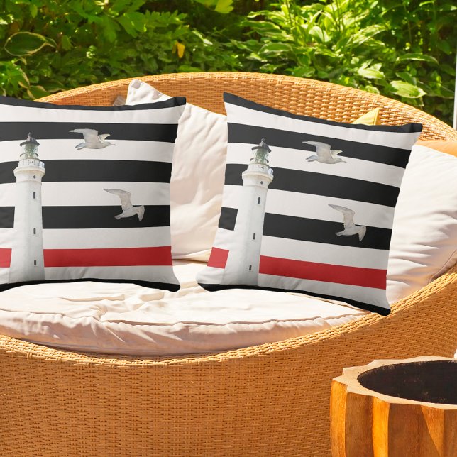 Coussin D'extérieur Phare noir blanc rouge rayures nautiques (Créateur téléchargé)