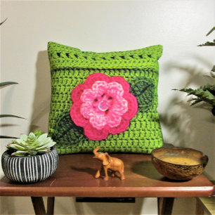 Coussin D'extérieur Pink Flower Green Artisan Crochet Imprimer à l'ext