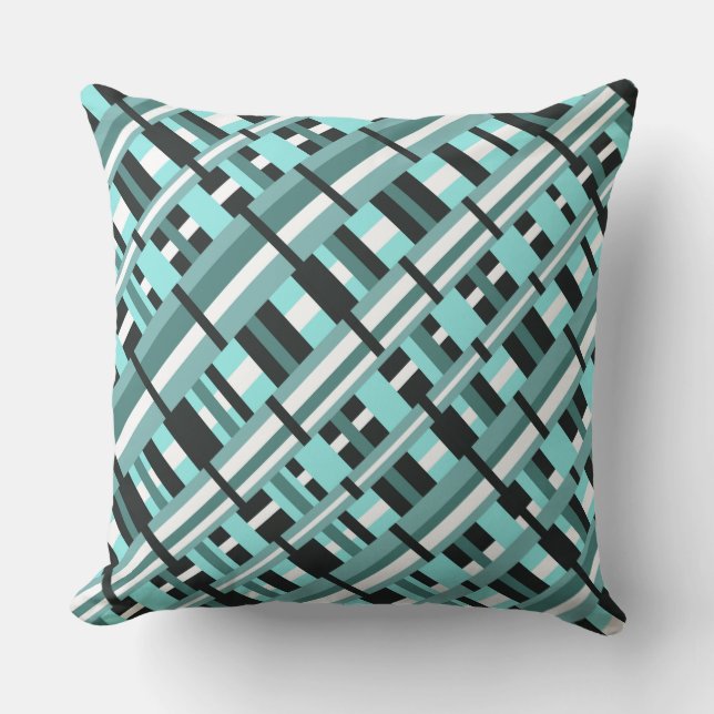 Coussin D'extérieur Plaid en Aqua, Turquoise, noir & blanc (Recto)