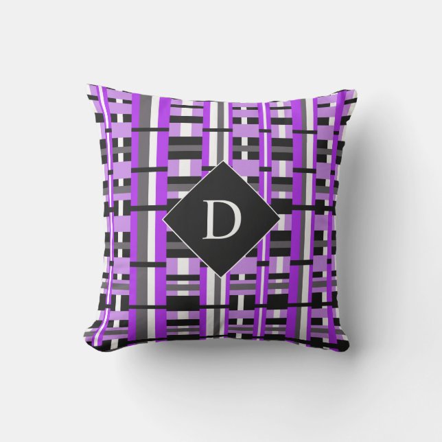 Coussin D'extérieur Plaid en violet, noir et gris (Recto)
