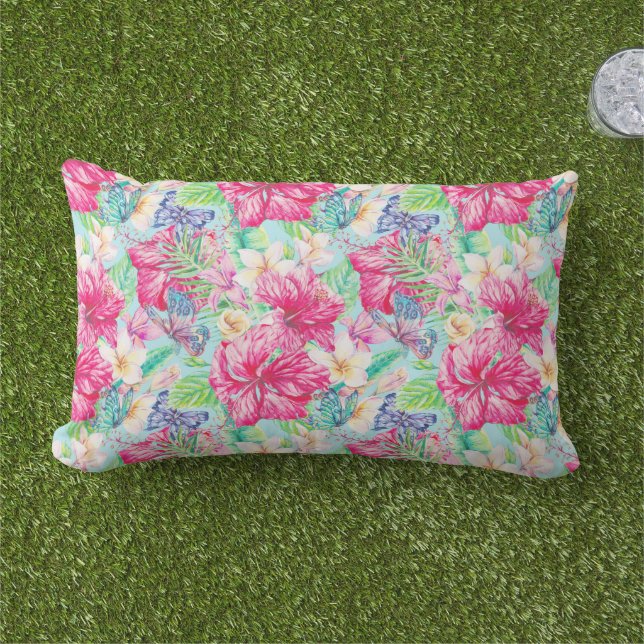 Coussin D'extérieur Plumeria Hibiscus chinois Papillons de poche (Herbe)