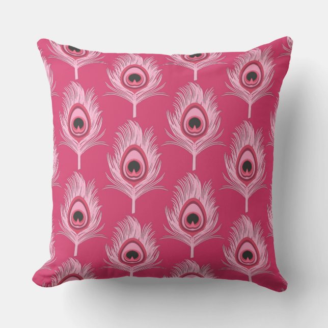 Coussin D'extérieur Plumes de paon, rose pastel sur rose Fuchsia (Recto)