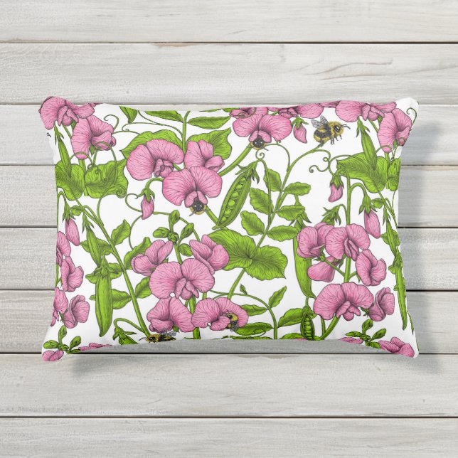 Coussin D'extérieur Pois doux et bourdons, rose, vert et blanc (Devant)