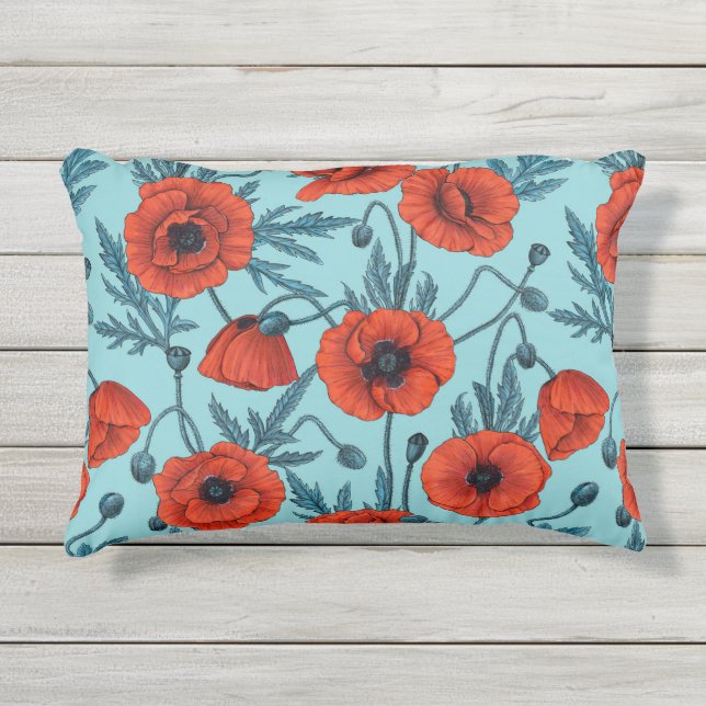 Coussin D'extérieur Poppies, rouge et bleu sur le bleu de la piscine (Devant)
