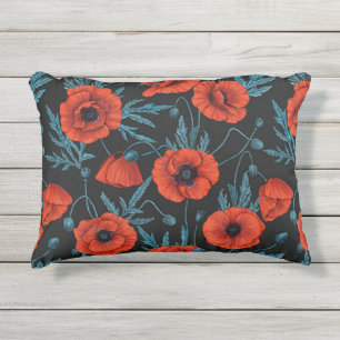Coussin D'extérieur Poppies, rouge et bleu sur noir