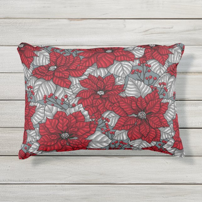 Coussin D'extérieur Potsettia rouge et baies, conception de Noël (Devant)