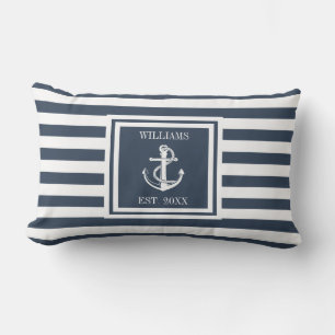 Coussin D'extérieur Rayure de nom bleu marine personnalisée Ancre naut