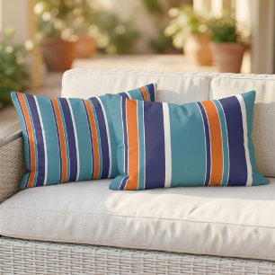 Coussin D'extérieur Rayure réversible bleu sarcelle vert orange blanc