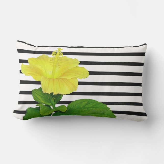 Coussin D'extérieur Rayures noires et blanches avec Hibiscus jaune (Recto)