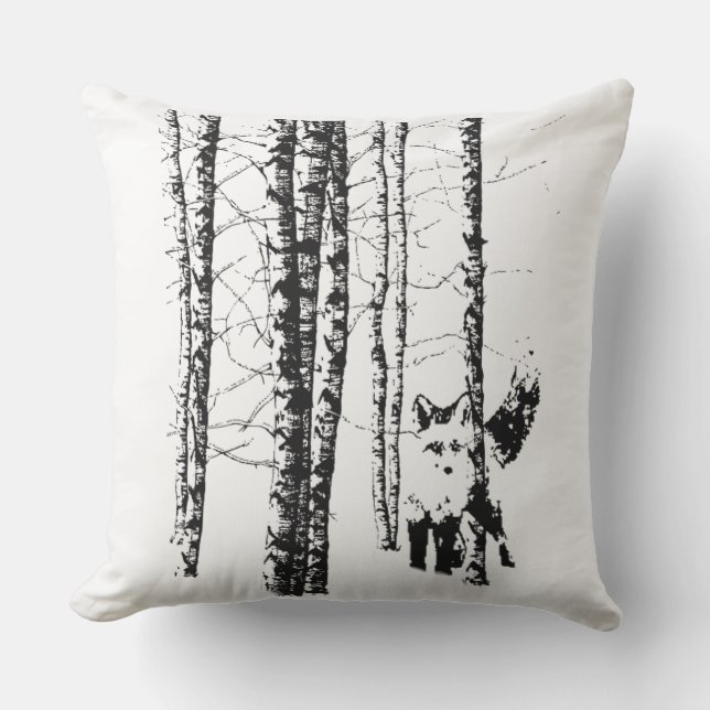 Coussin D'extérieur Renard dans la forêt de Birch Art animal moderne (Recto)