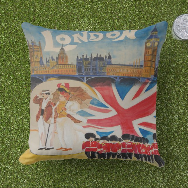Coussin D'extérieur Retro London England Aquarelle Art Décor (Herbe)