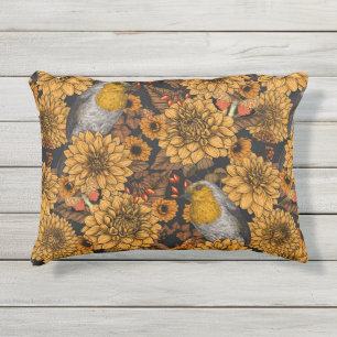 Coussin D'extérieur Robins dans le jardin d'automne sur noir