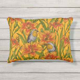 Coussin D'extérieur Robins et fleurs de lys, orange et vert