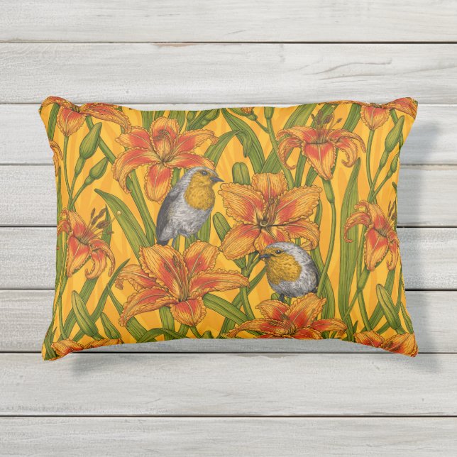 Coussin D'extérieur Robins et fleurs de lys, orange et vert (Devant)