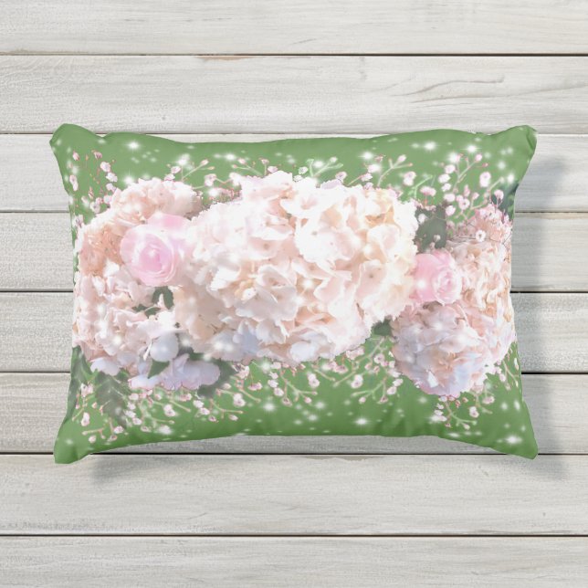 Coussin D'extérieur Romantique dentelle blanche hydrangée roses roses (Devant)
