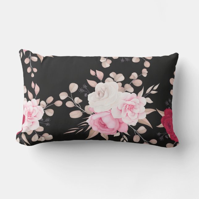 Coussin D'extérieur rose,blanc floral fond noir (Recto)