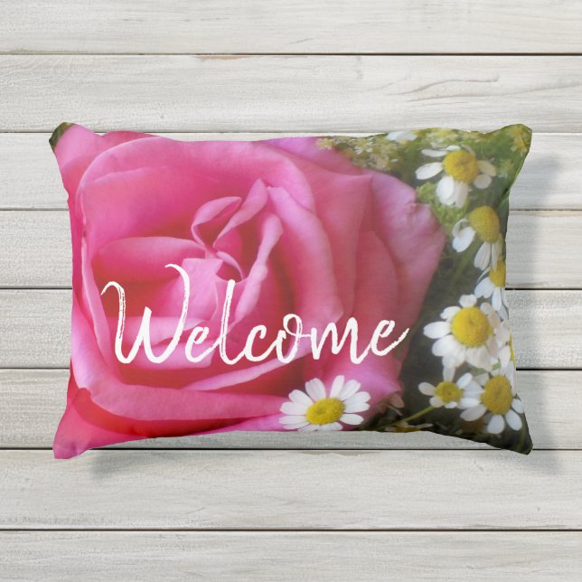 Coussin D'extérieur Rose rose chaud et marguerites blanches Photo (Devant)