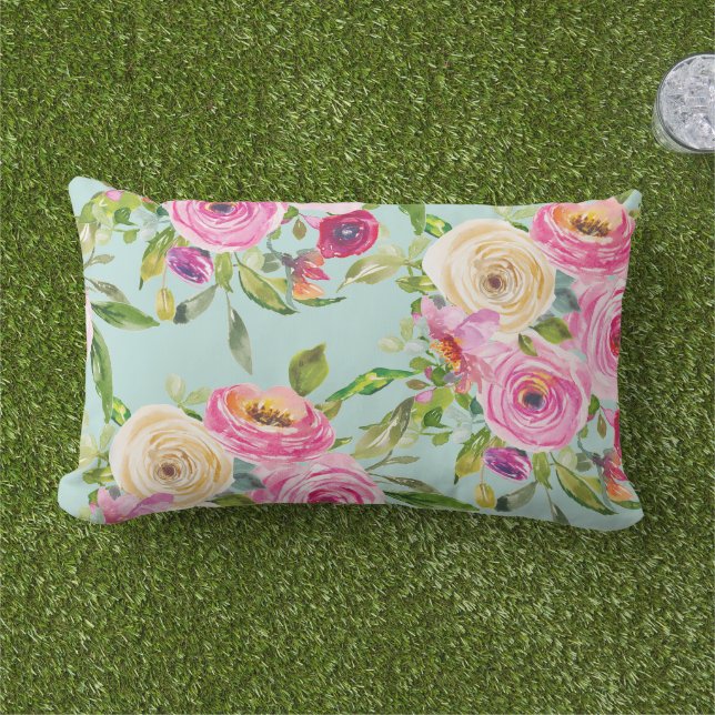 Coussin D'extérieur Roses d'aquarelle en rose et crème sur jaune (Herbe)