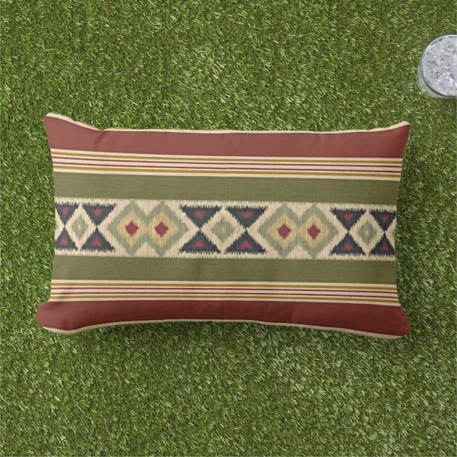 Coussin D'extérieur Rouge moutarde Jaune Olive Vert Ikat Stripes Art (Herbe)