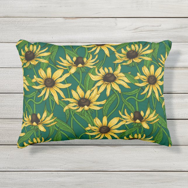 Coussin D'extérieur Rudbekia jaune sur vert foncé (Devant)