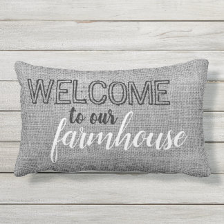 Coussin D'extérieur Rustic Grey Burlap Bienvenue À Notre Ferme