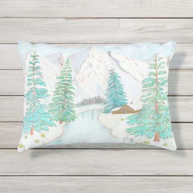 Coussin D'extérieur Scène D'Hiver Avec Montagnes (Devant)
