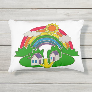 Coussin D'extérieur Scène rurale de dessin animé avec arc-en-ciel et m