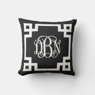 Coussin D'extérieur Script clé grecque noir et blanc Monogramme DBN
