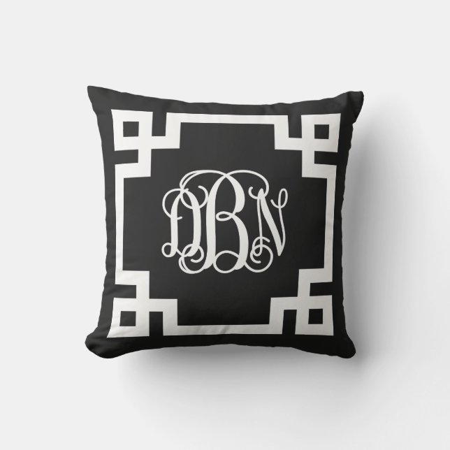 Coussin D'extérieur Script clé grecque noir et blanc Monogramme DBN (Recto)