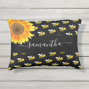Coussin D'extérieur Script de nom de tournesol jaune noir des abeilles