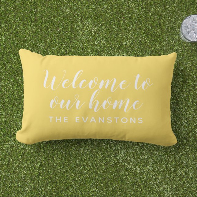 Coussin D'extérieur Script Jaune Bienvenue chez Nous (Herbe)