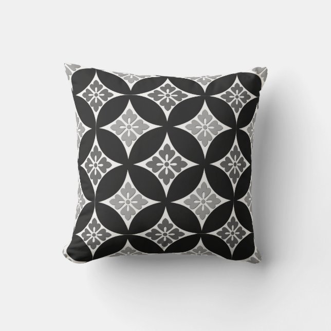 Coussin D'extérieur Shippo avec Motif Fleur, Noir, Blanc et Gris (Recto)