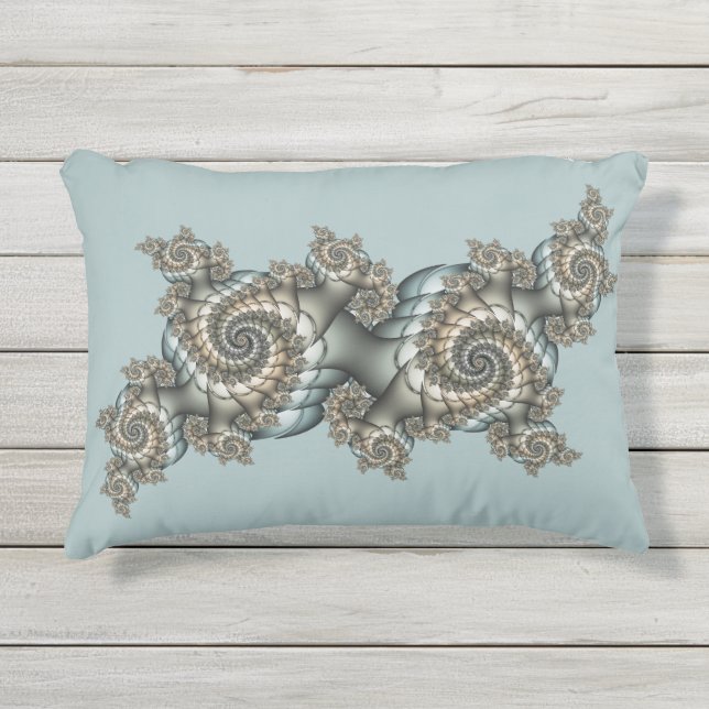Coussin D'extérieur Spirales d'art fractal beige abstrait bleu clair (Devant)