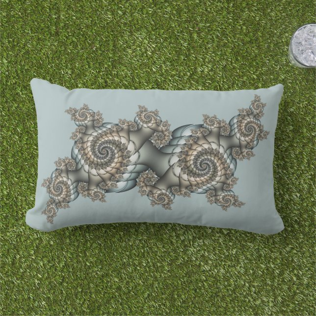 Coussin D'extérieur Spirales d'art fractal beige abstrait bleu clair (Herbe)
