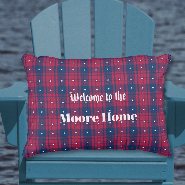 Coussin D'extérieur Tartan - Patriotique - Rouge Bleu Blanc Étoiles Ac (Tartan - Patriotic - Red Blue White Stars Accent Outdoor Pillow by Leapfroglisics Shop)
