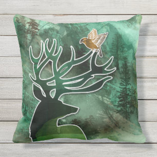 Coussin D'extérieur TCWC - cerfs communs et oiseaux de vert