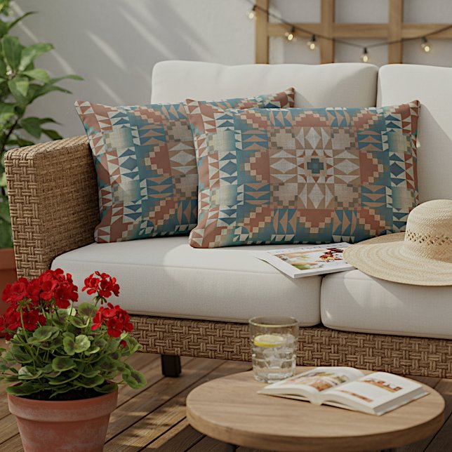 Coussin D'extérieur Terracotta Rouge Brown Beige Turquoise Bleu Tribal (Créateur téléchargé)